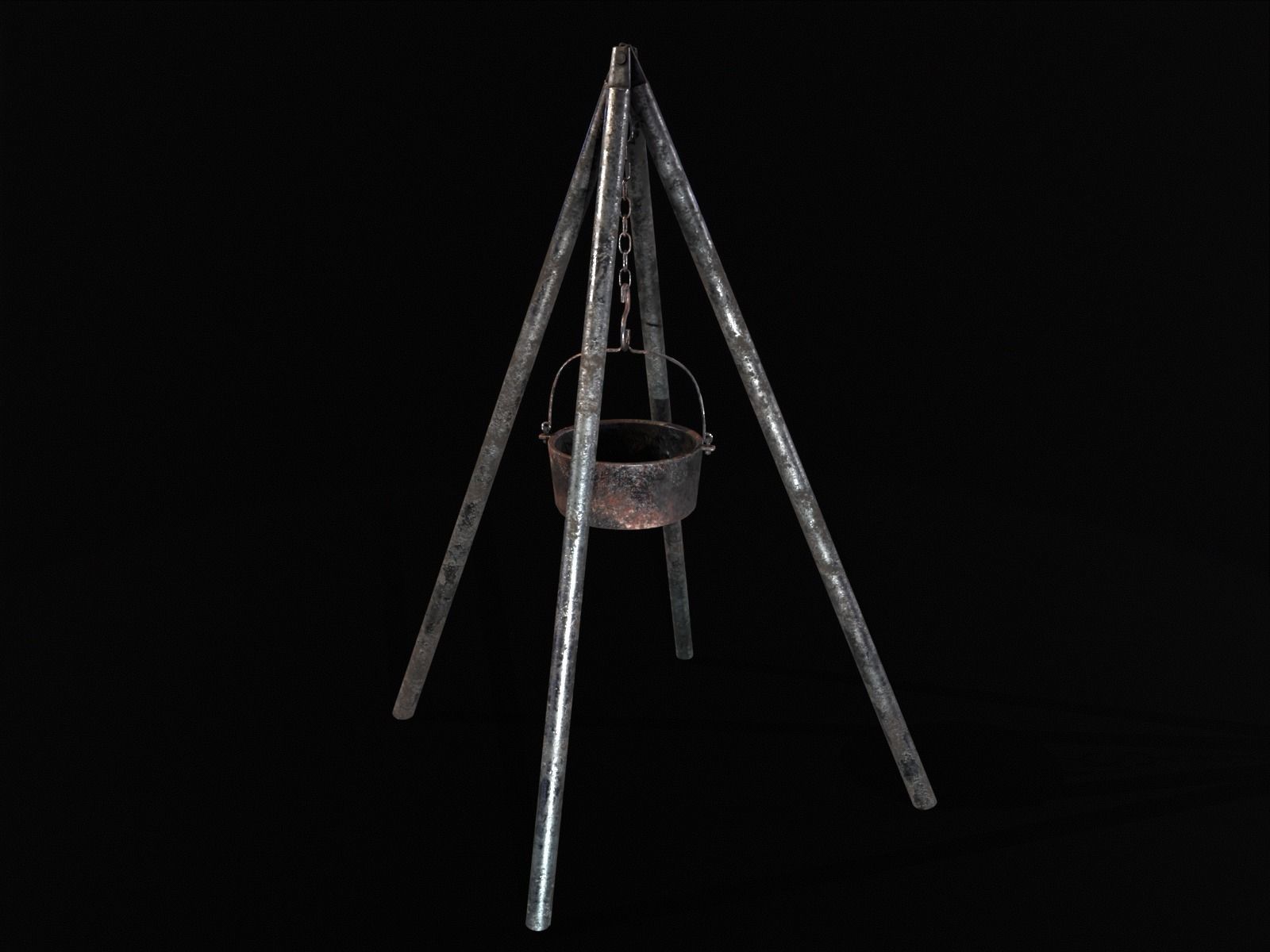 Old Medieval Iron Cooking Tripod with a Cooking Pot Low-poly 3D model_10