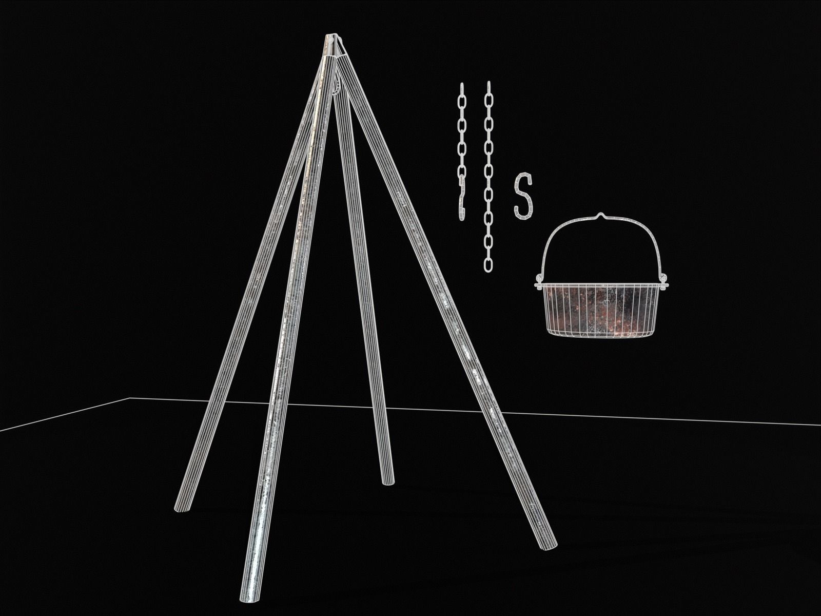 Old Medieval Iron Cooking Tripod with a Cooking Pot Low-poly 3D model_5