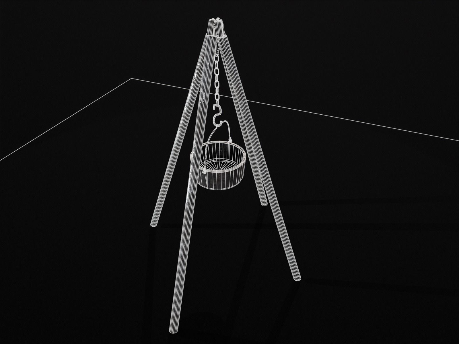 Old Medieval Iron Cooking Tripod with a Cooking Pot Low-poly 3D model_19