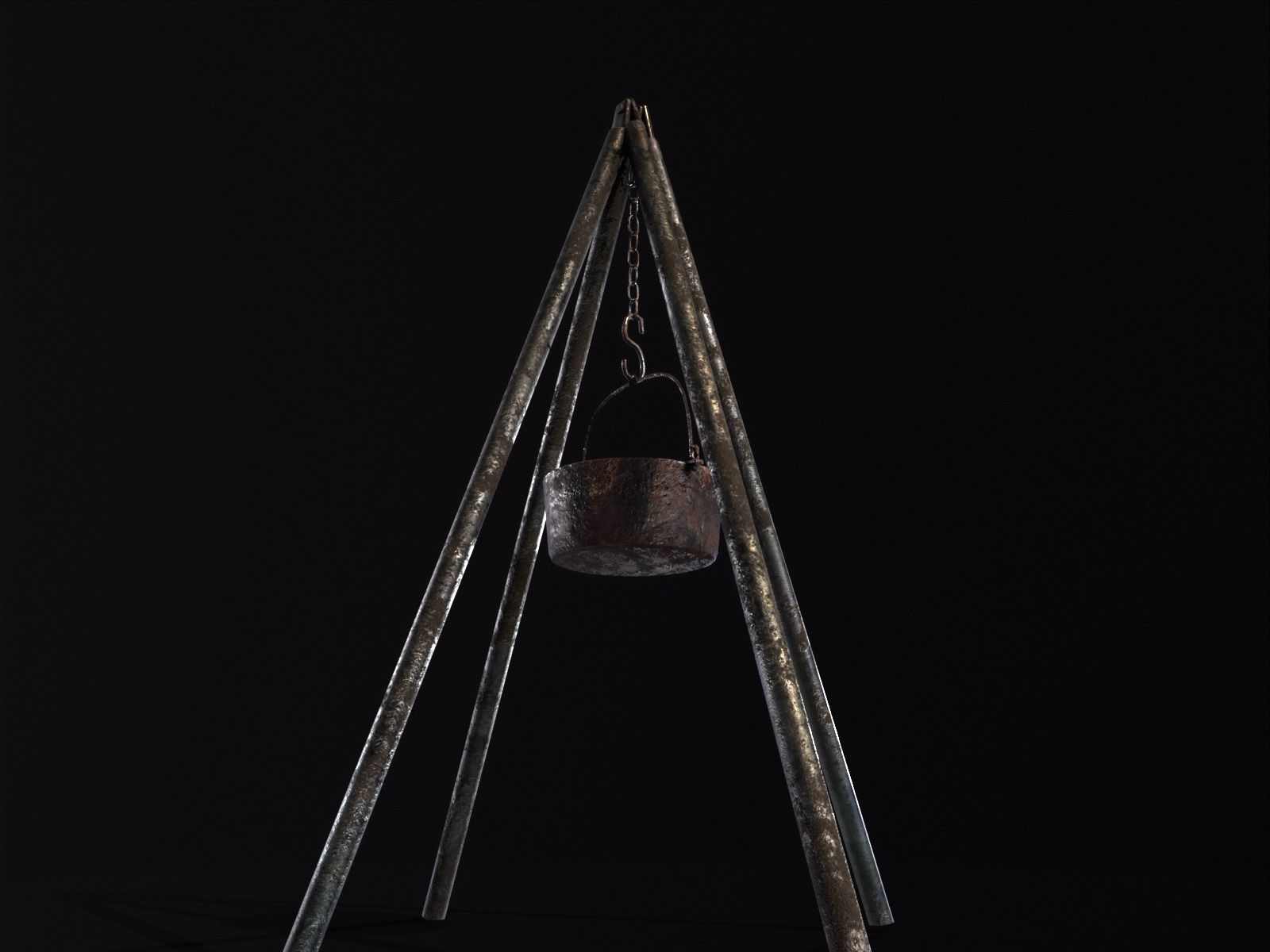 Old Medieval Iron Cooking Tripod with a Cooking Pot Low-poly 3D model_22