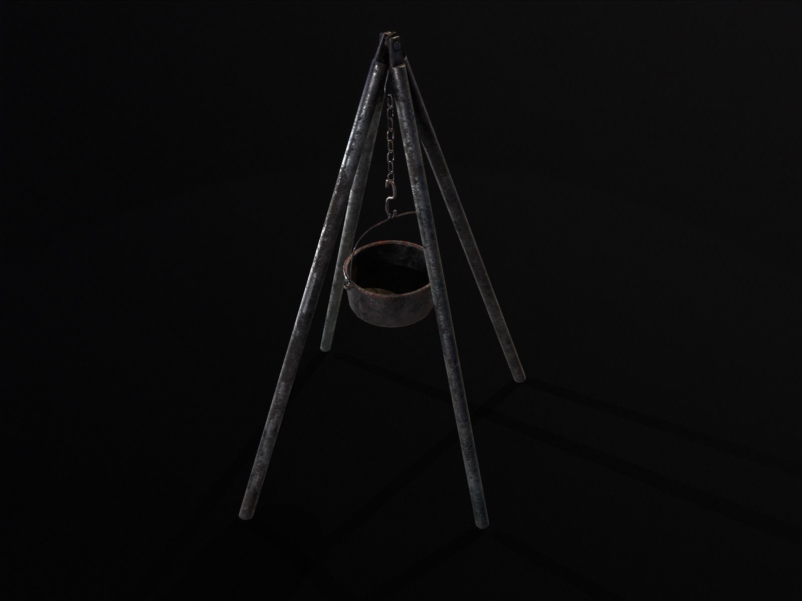 Old Medieval Iron Cooking Tripod with a Cooking Pot Low-poly 3D model_20