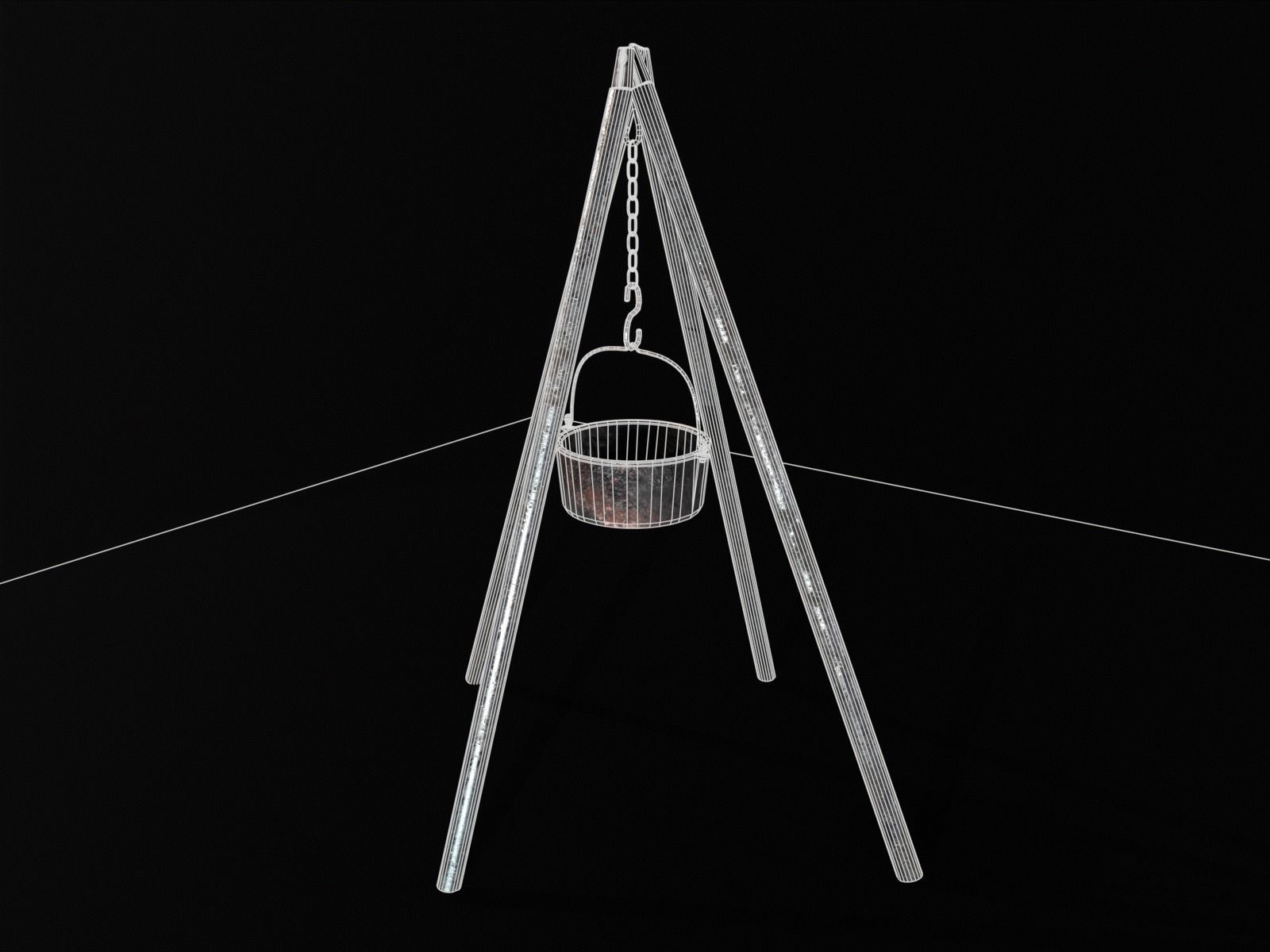 Old Medieval Iron Cooking Tripod with a Cooking Pot Low-poly 3D model_13