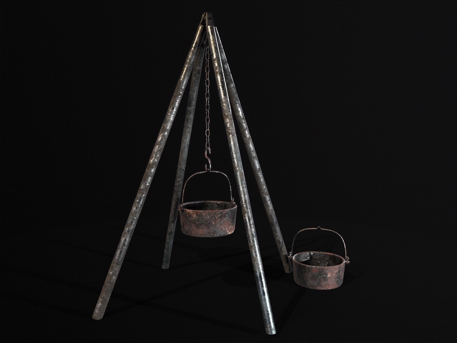 Old Medieval Iron Cooking Tripod with a Cooking Pot Low-poly 3D model_26