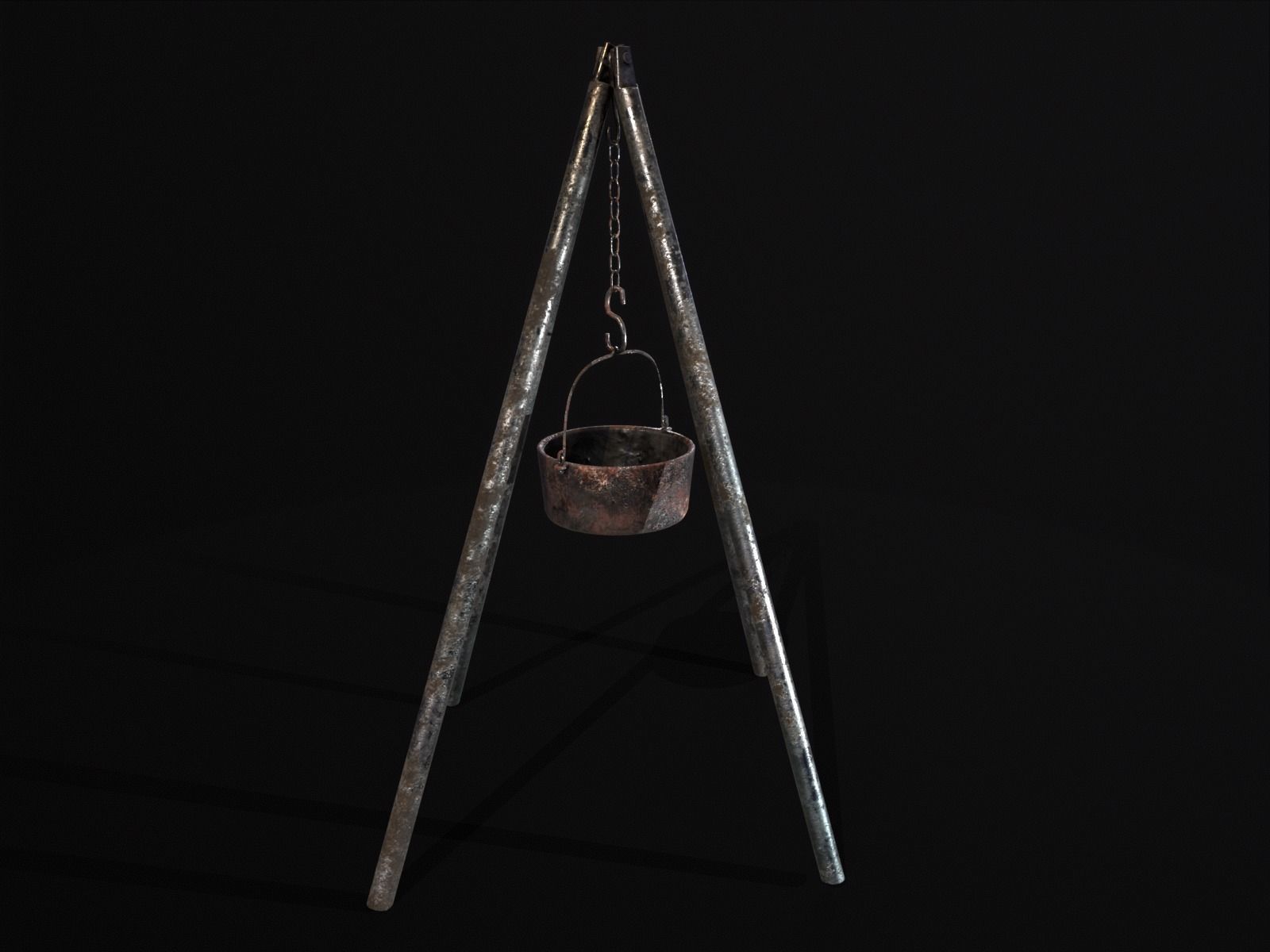Old Medieval Iron Cooking Tripod with a Cooking Pot Low-poly 3D model_2