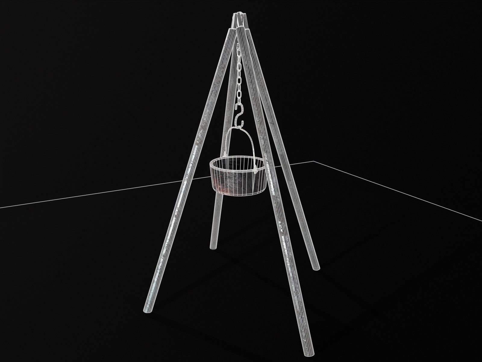 Old Medieval Iron Cooking Tripod with a Cooking Pot Low-poly 3D model_15