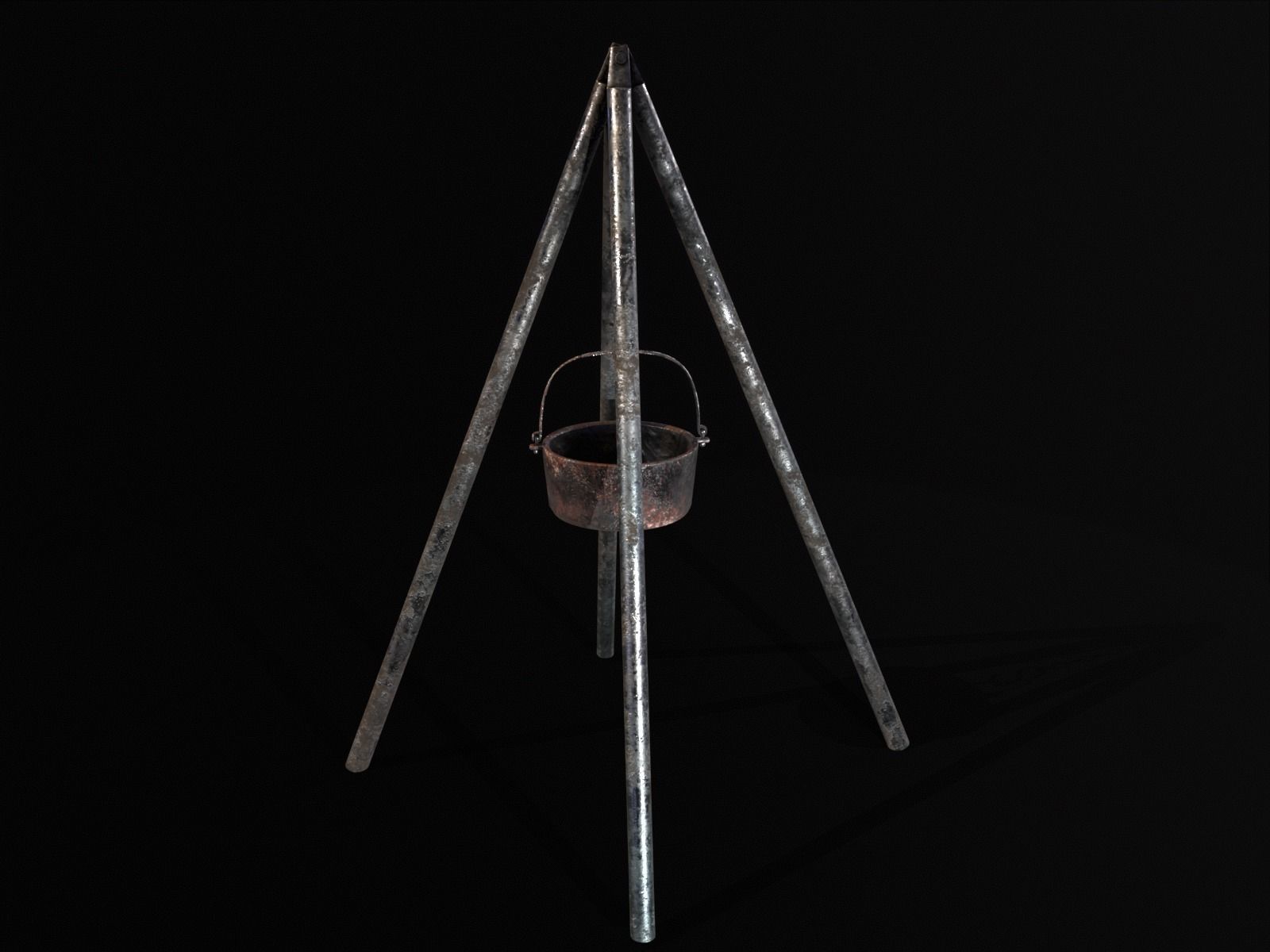 Old Medieval Iron Cooking Tripod with a Cooking Pot Low-poly 3D model_8