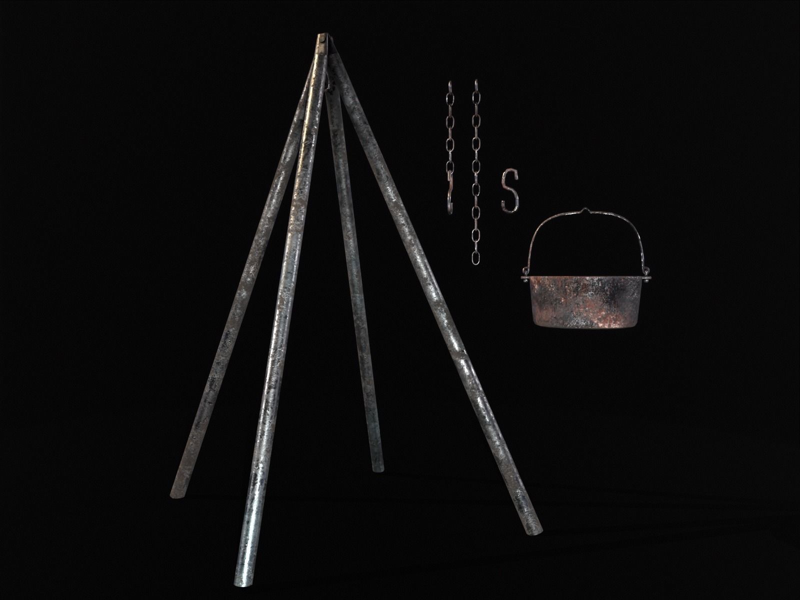 Old Medieval Iron Cooking Tripod with a Cooking Pot Low-poly 3D model_4