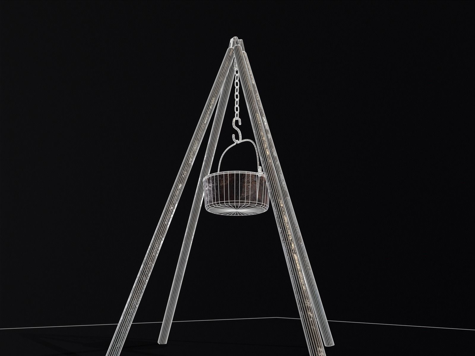 Old Medieval Iron Cooking Tripod with a Cooking Pot Low-poly 3D model_23