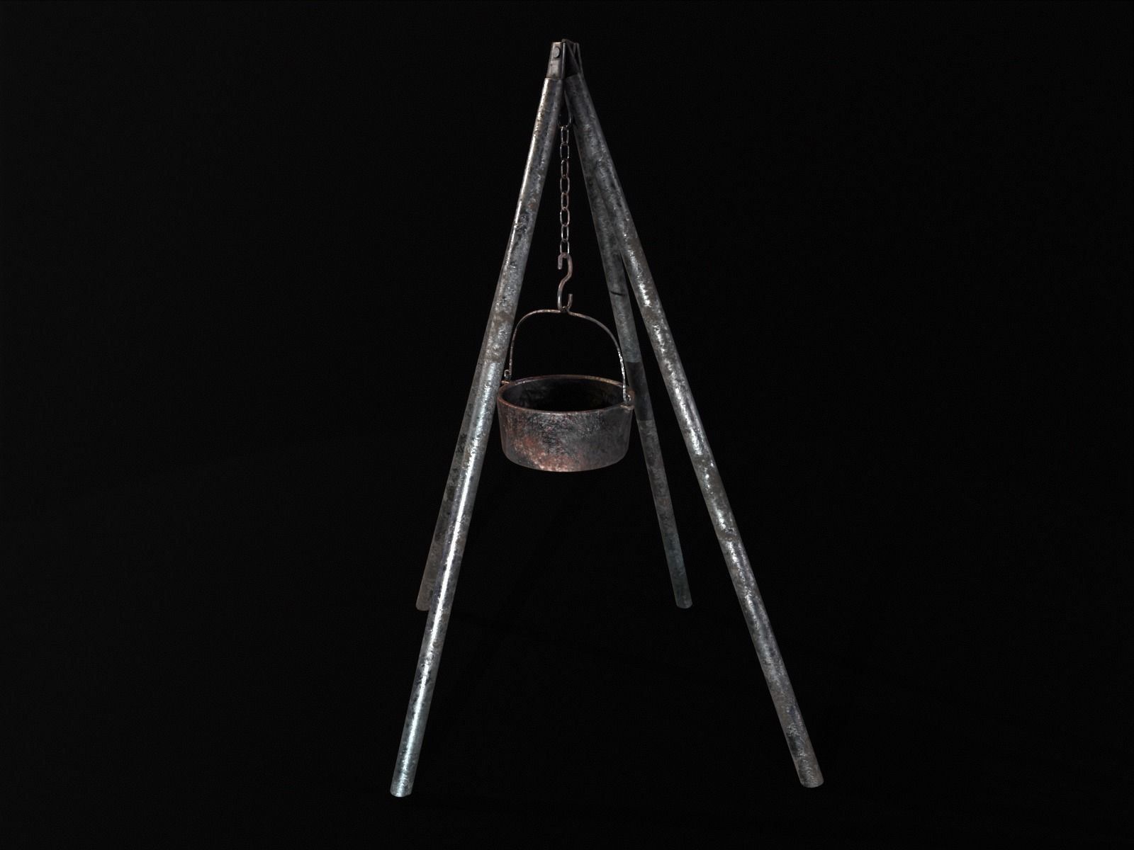 Old Medieval Iron Cooking Tripod with a Cooking Pot Low-poly 3D model_12