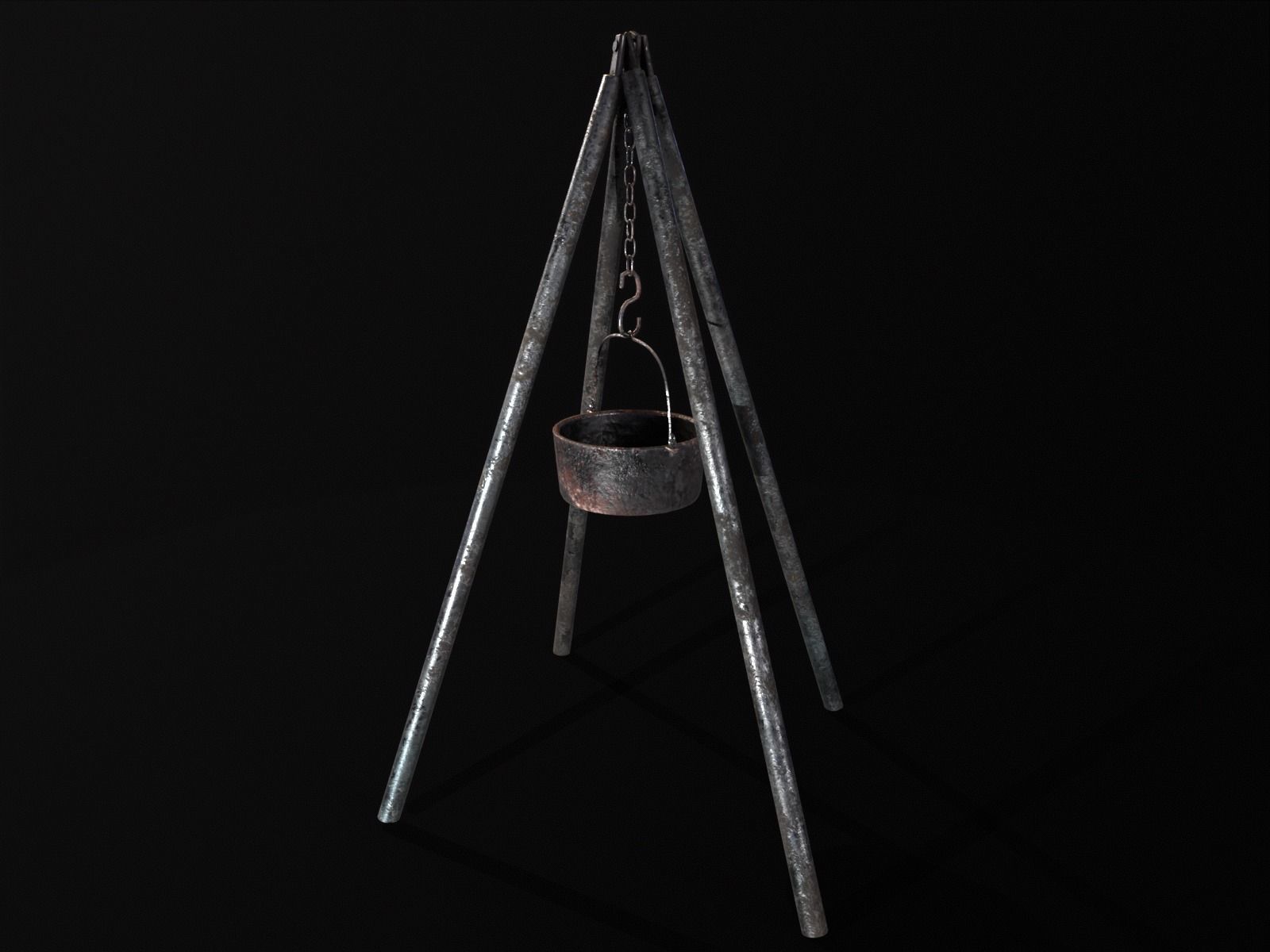 Old Medieval Iron Cooking Tripod with a Cooking Pot Low-poly 3D model_14