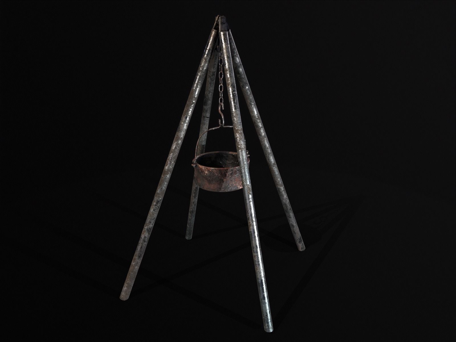 Old Medieval Iron Cooking Tripod with a Cooking Pot Low-poly 3D model_6