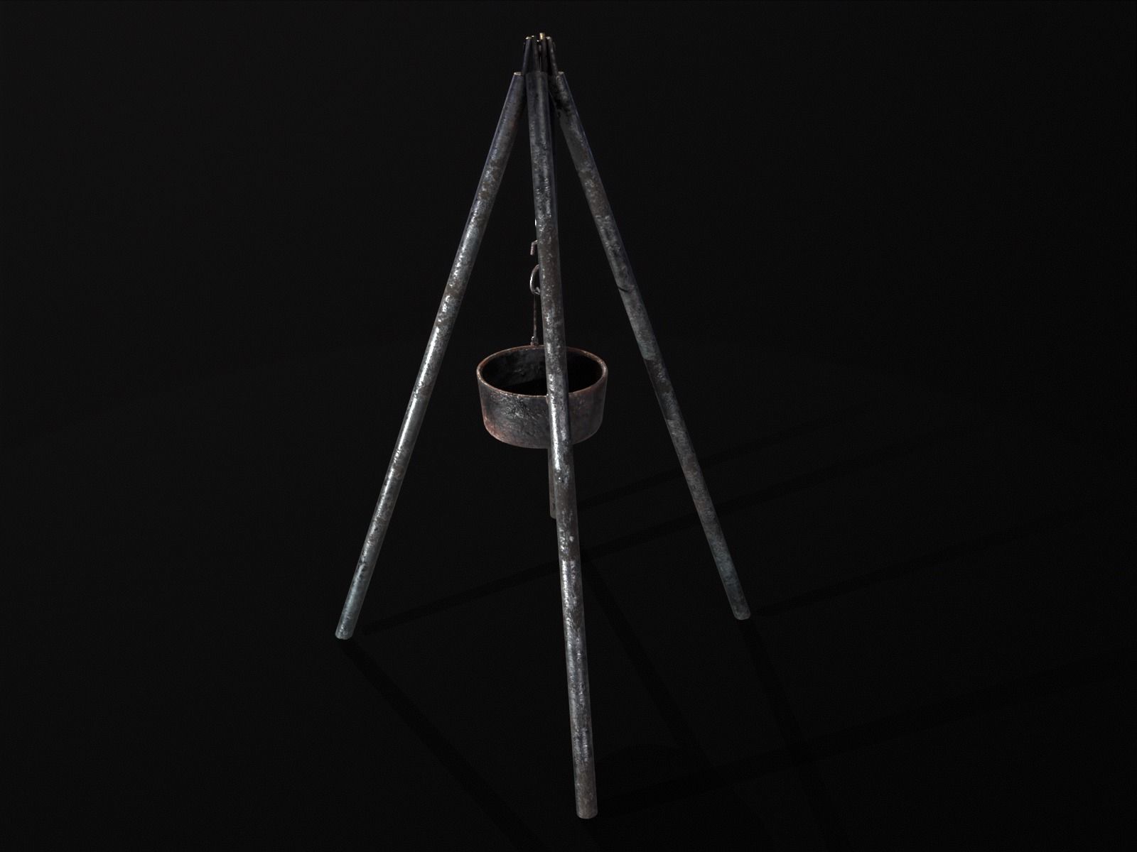 Old Medieval Iron Cooking Tripod with a Cooking Pot Low-poly 3D model_16