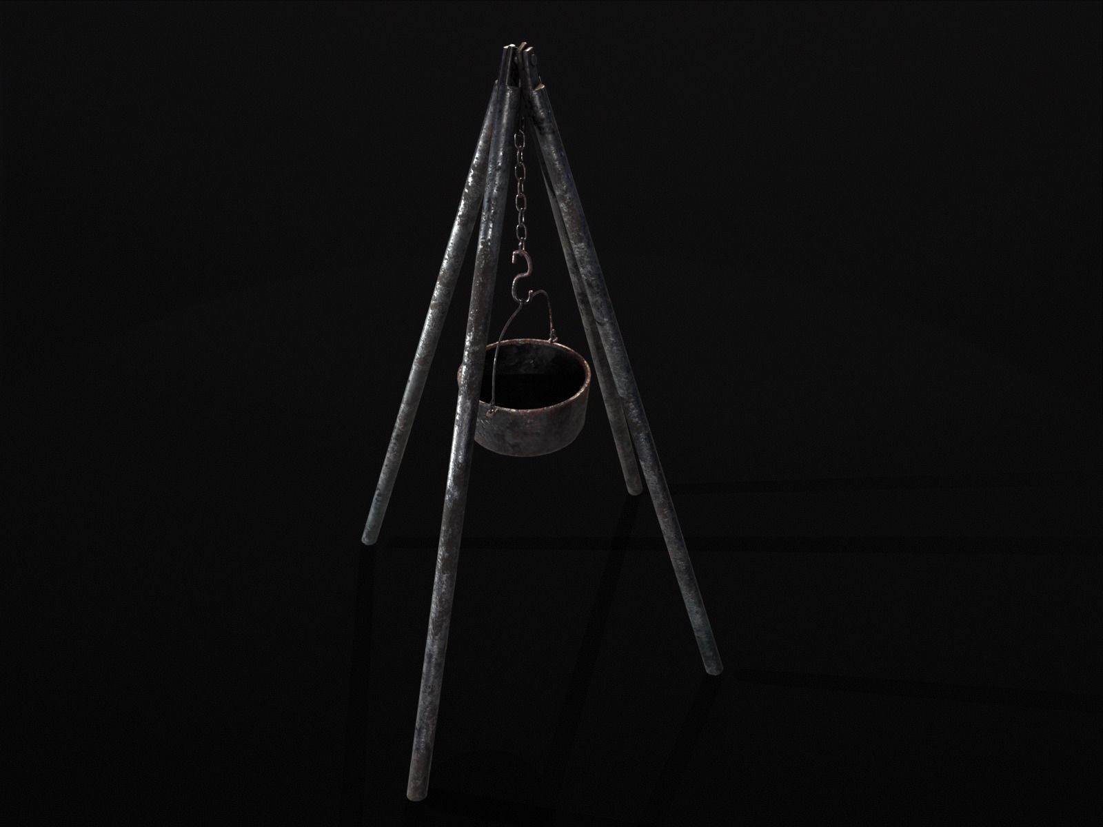 Old Medieval Iron Cooking Tripod with a Cooking Pot Low-poly 3D model_18