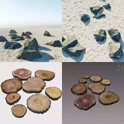 Rocks and sand vs Wood Log Slices 3D Model Collection