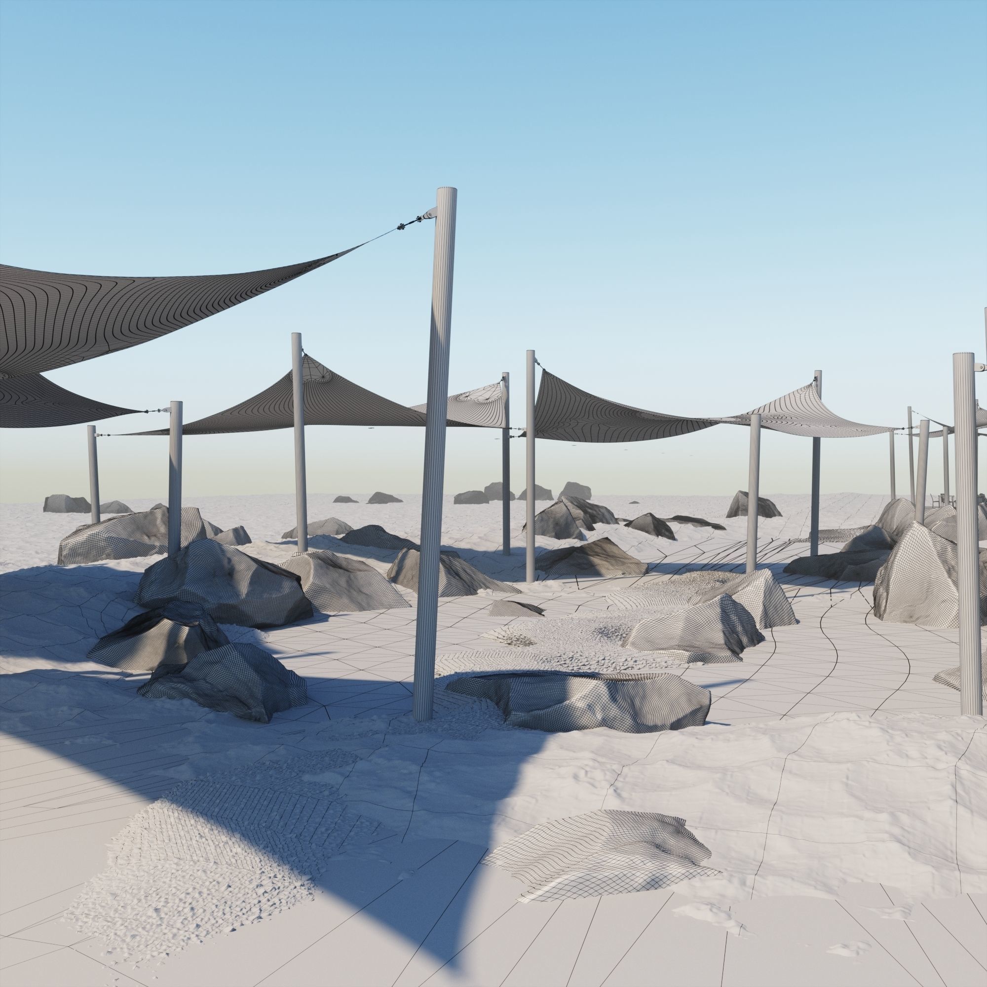 Shade Canopyvs rocks and sand vs rotang table and stool 3D model_10