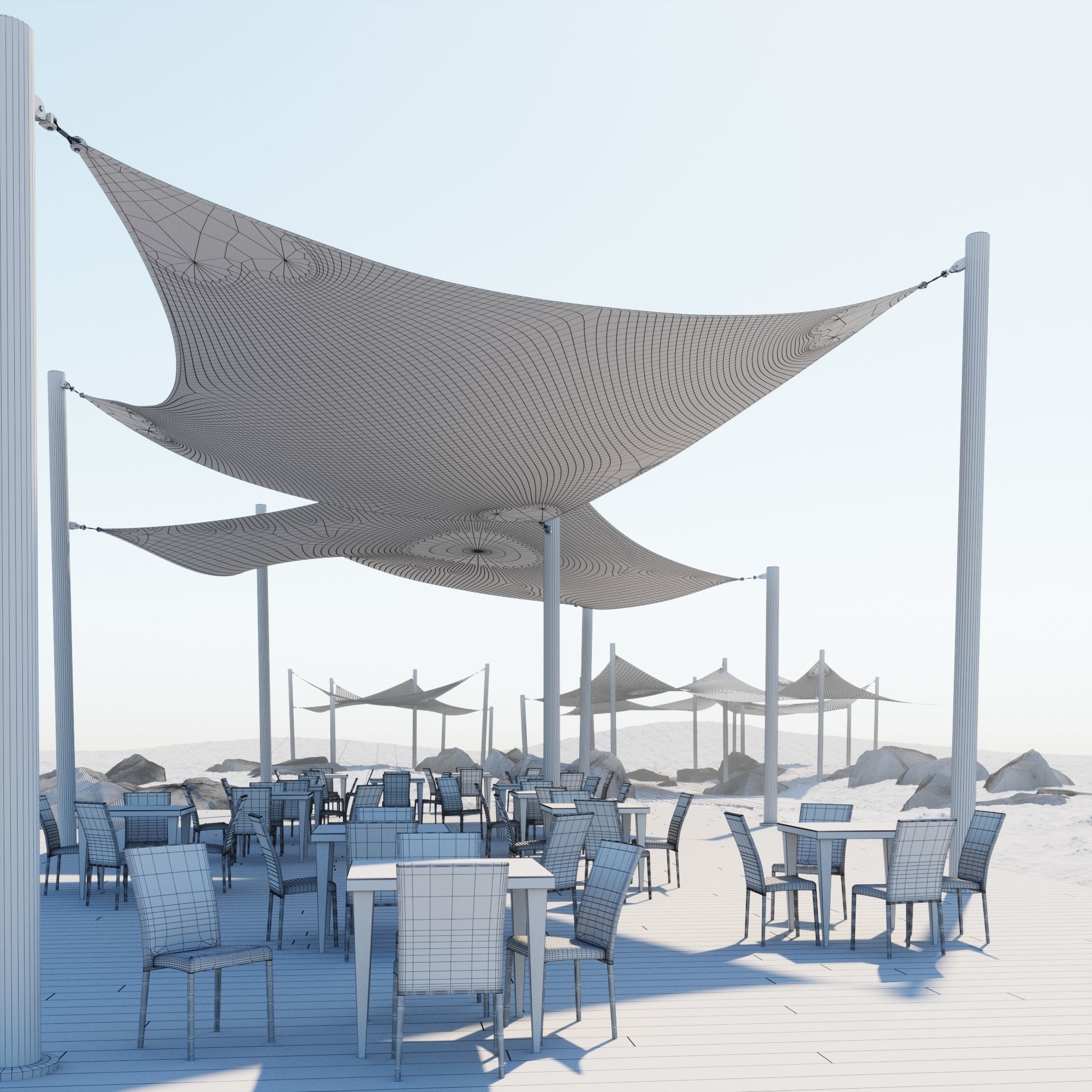 Shade Canopyvs rocks and sand vs rotang table and stool 3D model_8