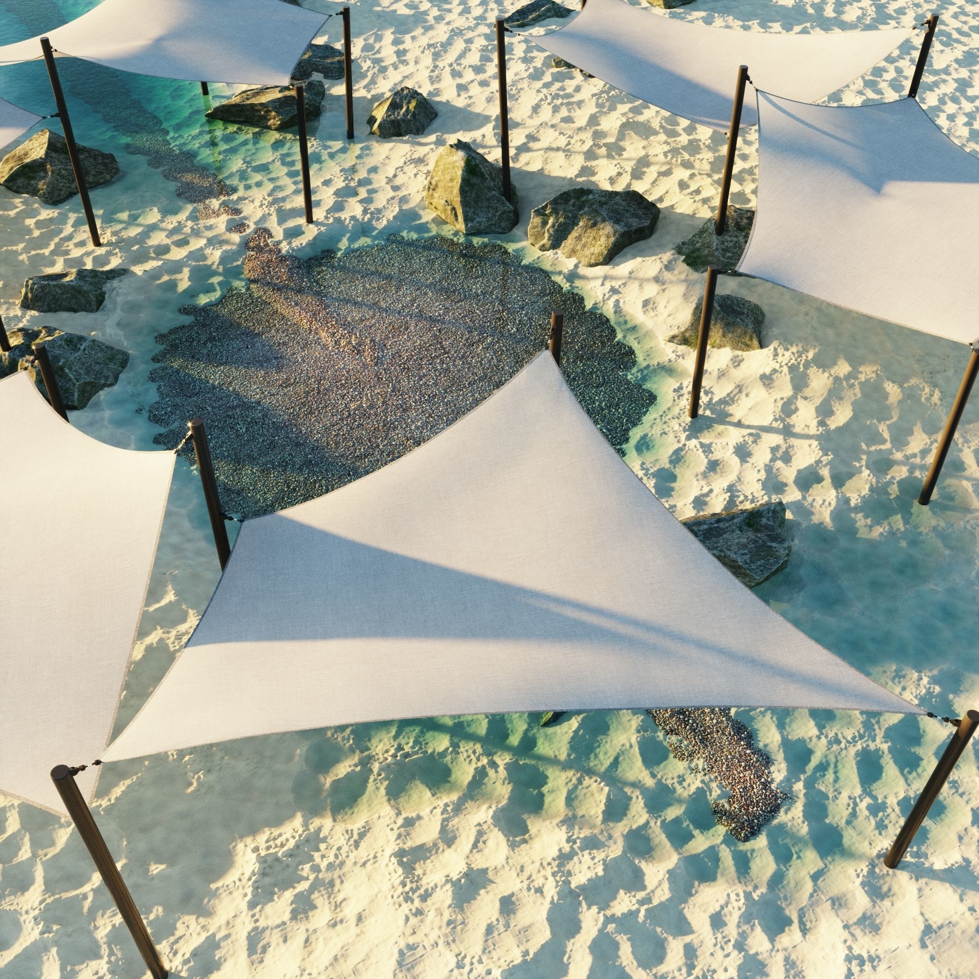 Shade Canopyvs rocks and sand vs rotang table and stool 3D model_1