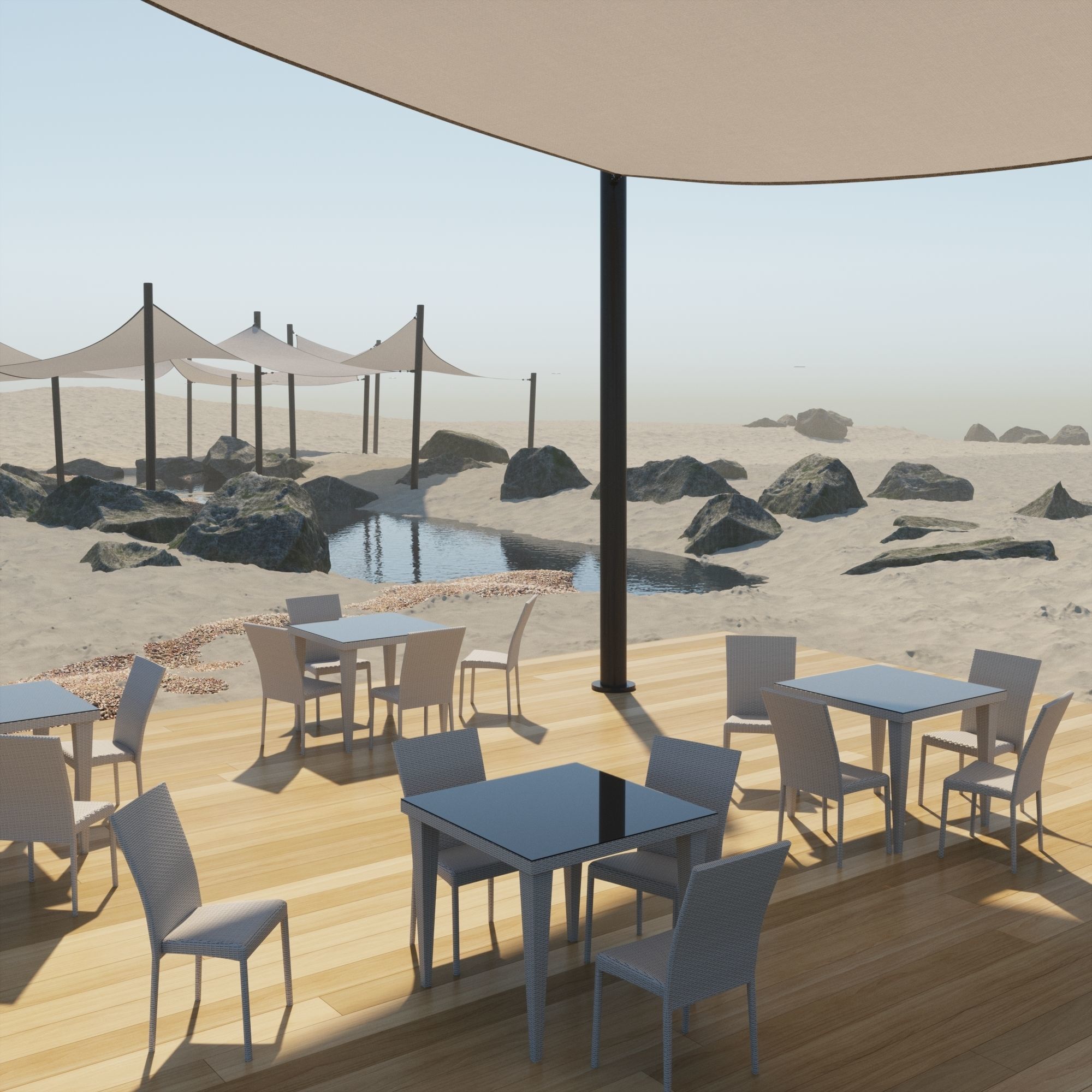 Shade Canopyvs rocks and sand vs rotang table and stool 3D model_6