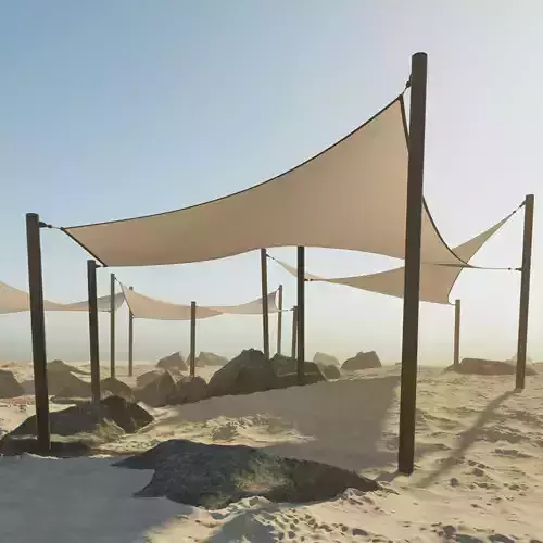 Shade Canopyvs rocks and sand vs rotang table and stool 3D model