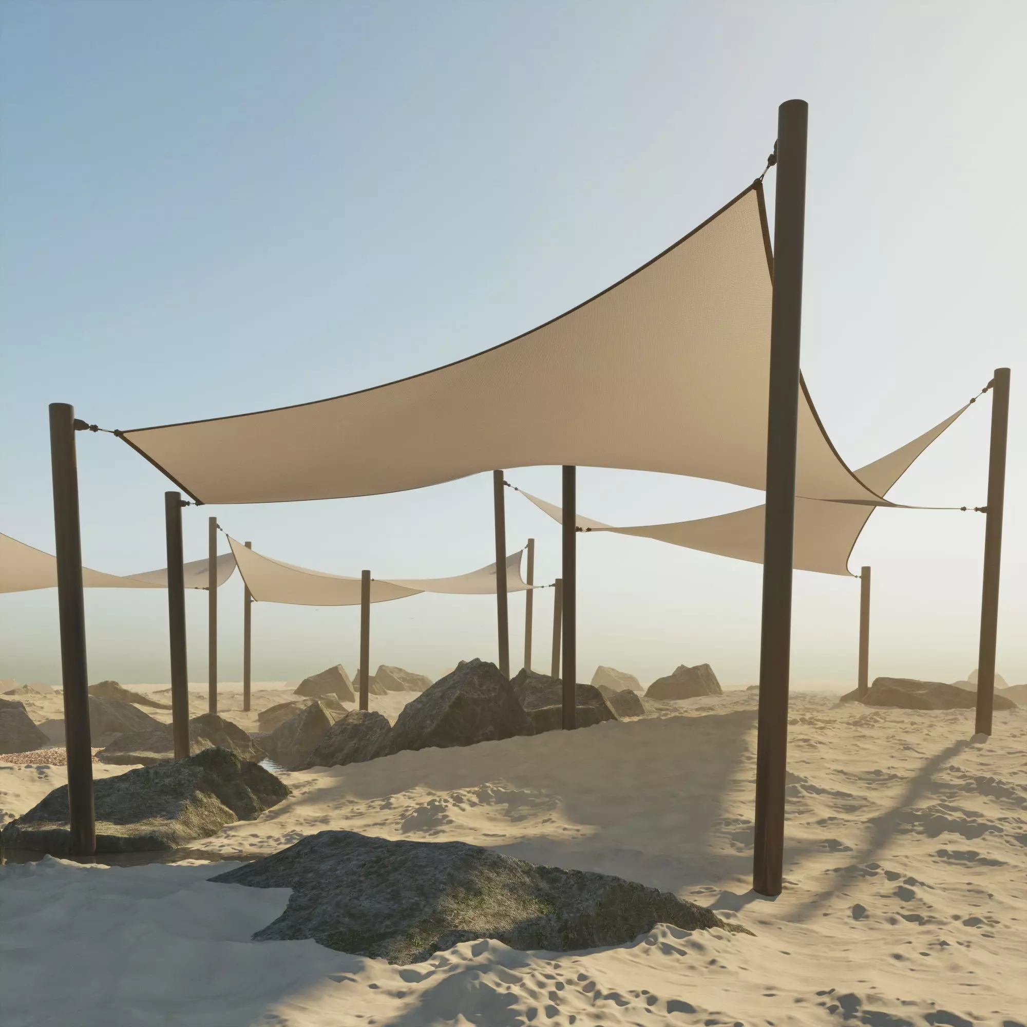 Shade Canopyvs rocks and sand vs rotang table and stool 3D model_0