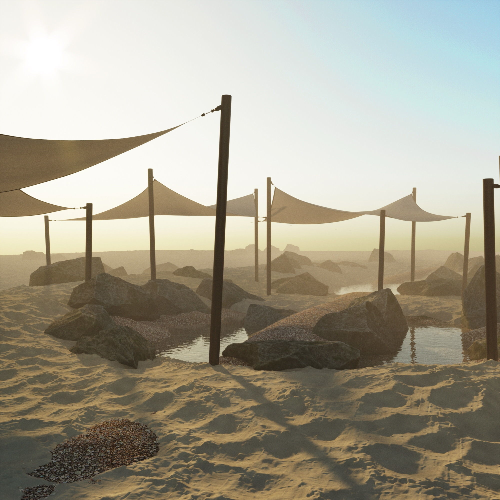 Shade Canopyvs rocks and sand vs rotang table and stool 3D model_4