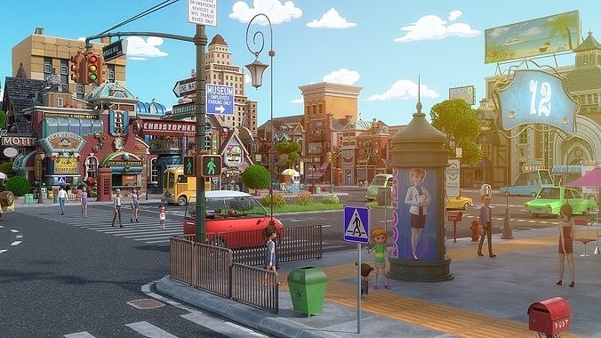 Cartoon City Street Scene V3 3D model 6