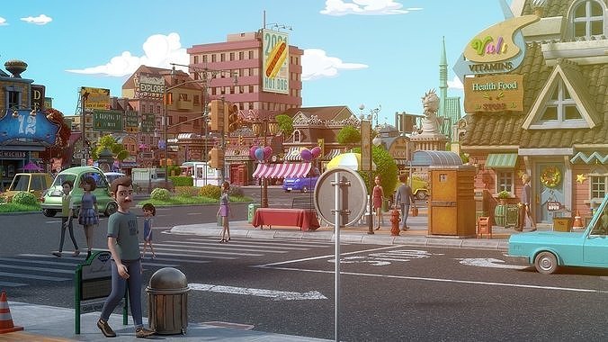 Cartoon City Street Scene V3 3D model 2