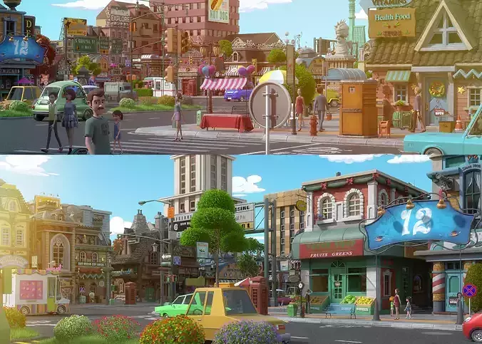 Cartoon City Street Scene V3 3D model