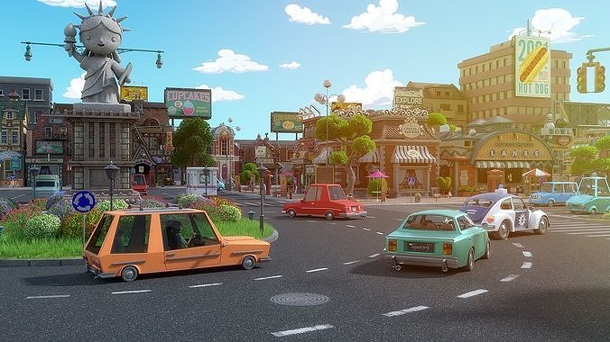 Cartoon City Street Scene V3 3D model 3
