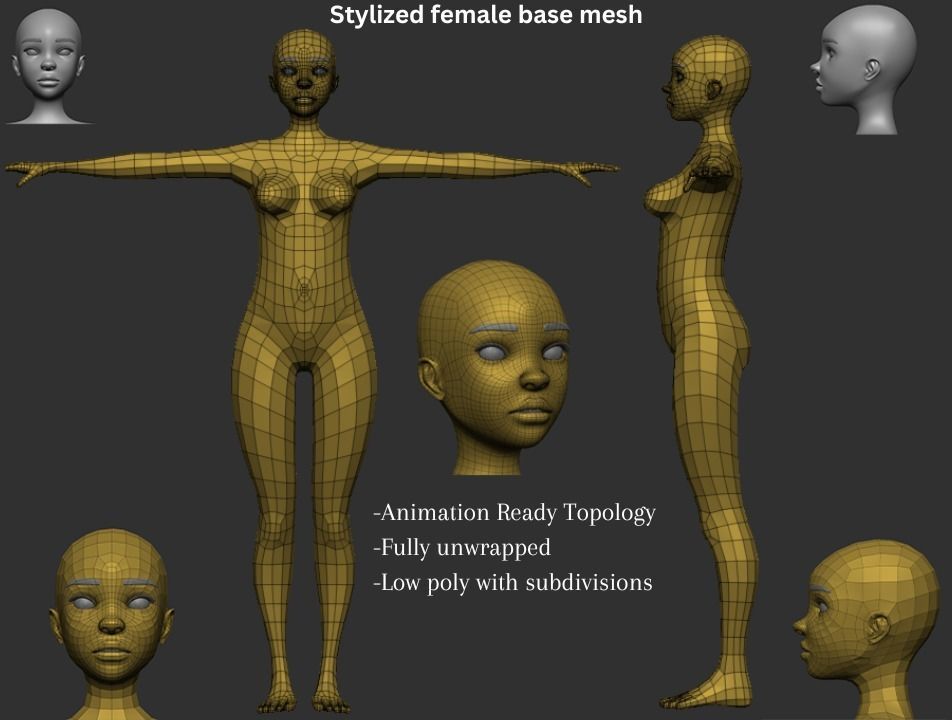 Stylized female basemesh Low-poly 3D model_1