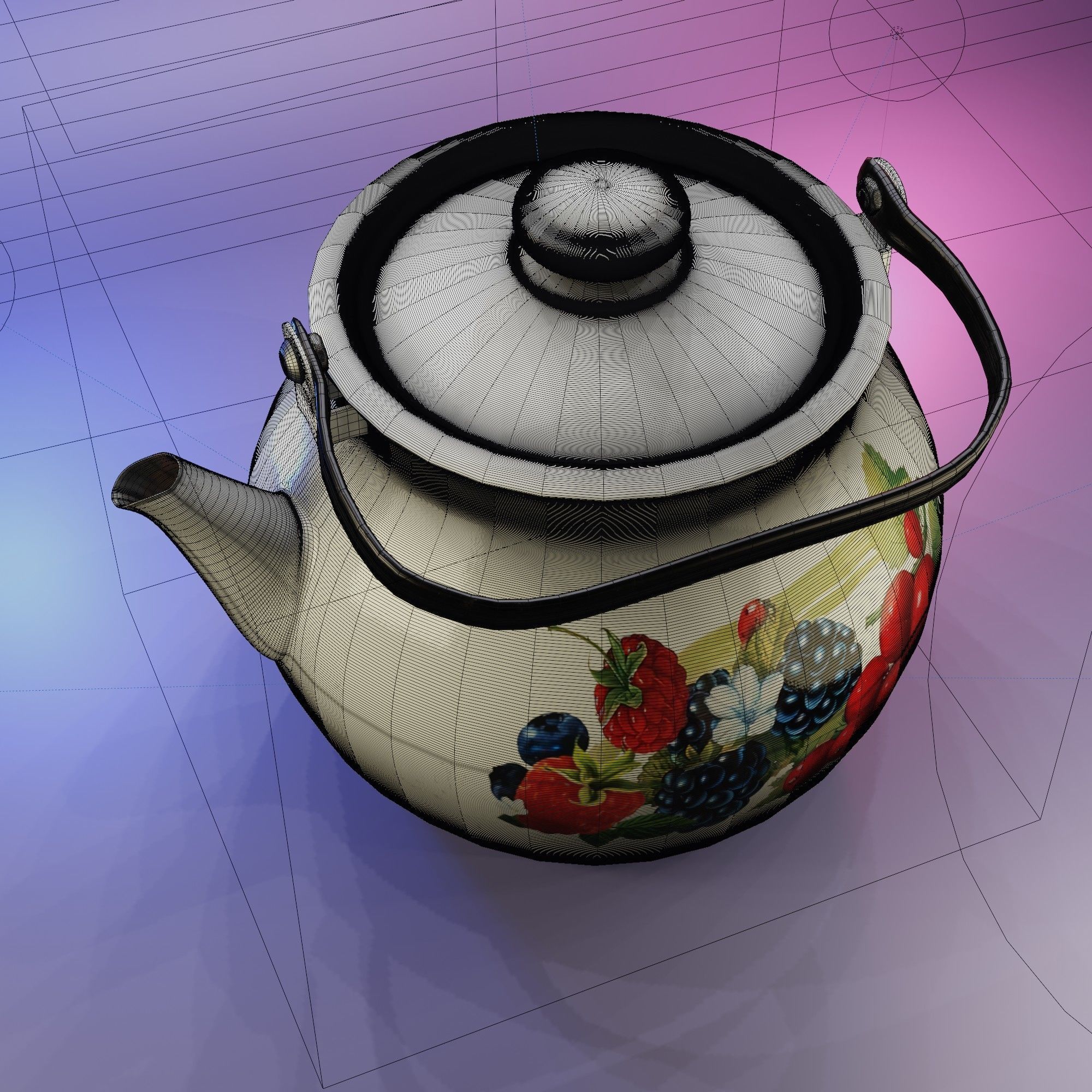 The metal kettle with floral pattern 3D model_3