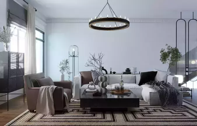 Industrial Living Interior Scene 3D Model Kitchen Staircase 