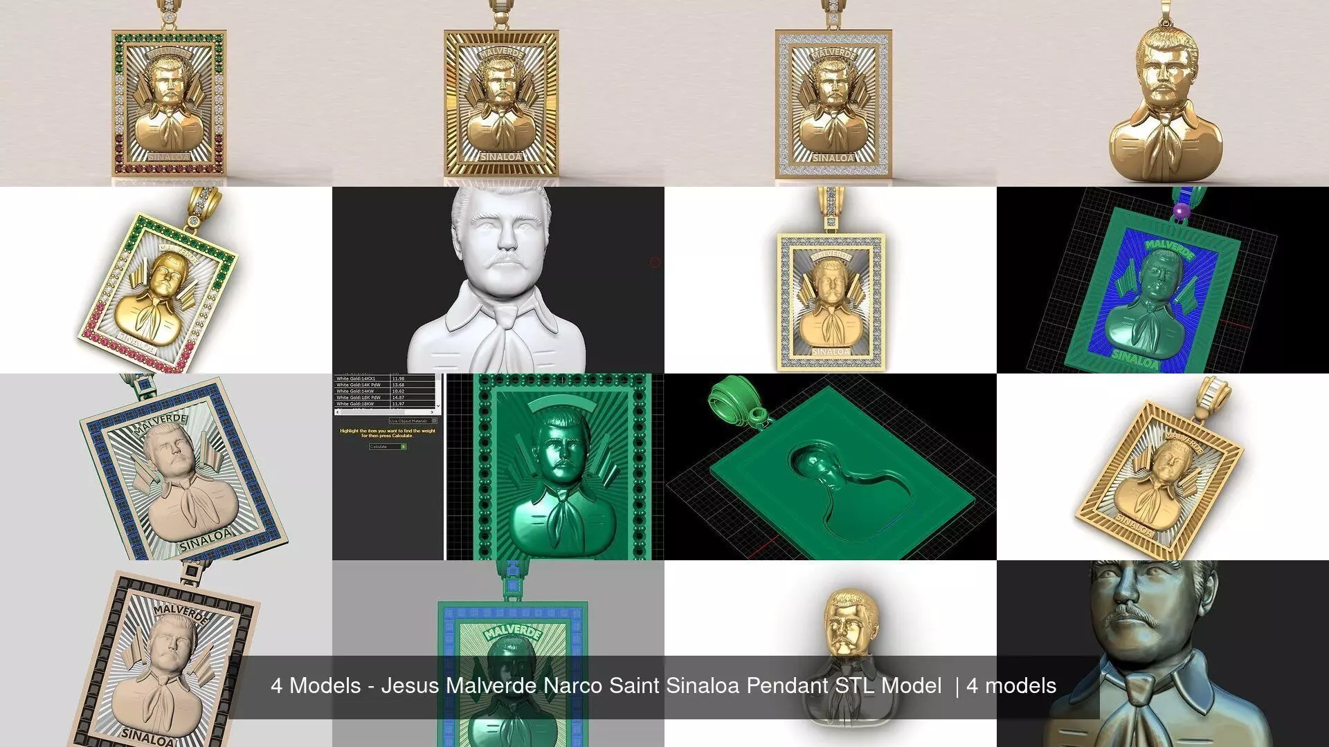 4 Models - Jesus Malverde Narco Saint Sinaloa Pendant STL Model  3D Model Collection_1