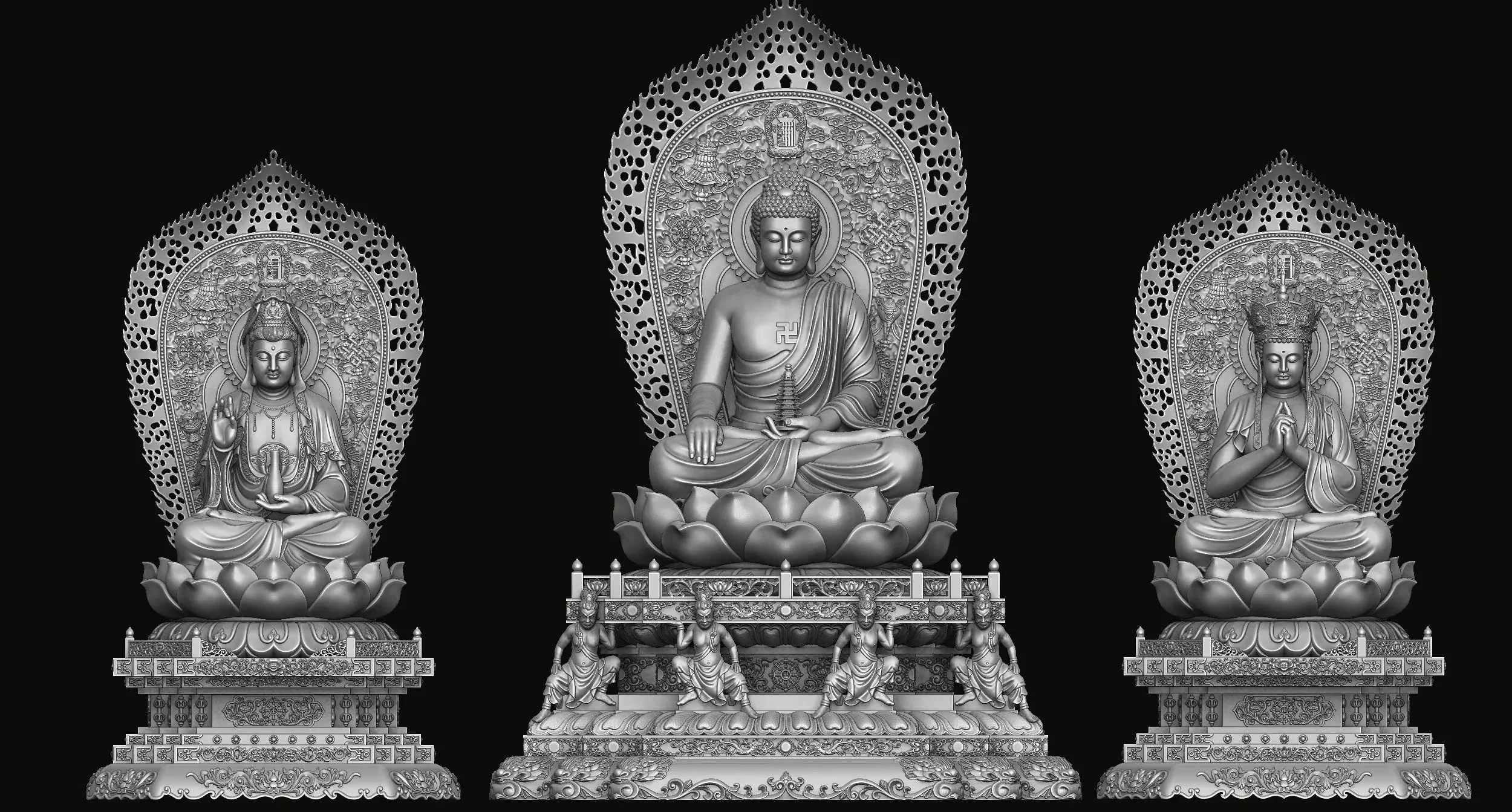 3d model sculpture of three holy buddhas 3D model_0