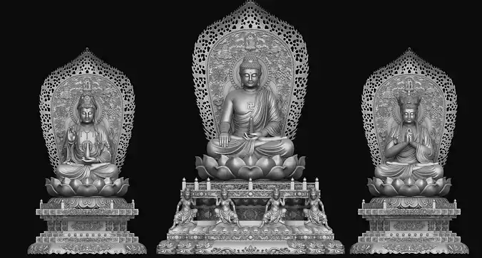 3d model sculpture of three holy buddhas 3D model