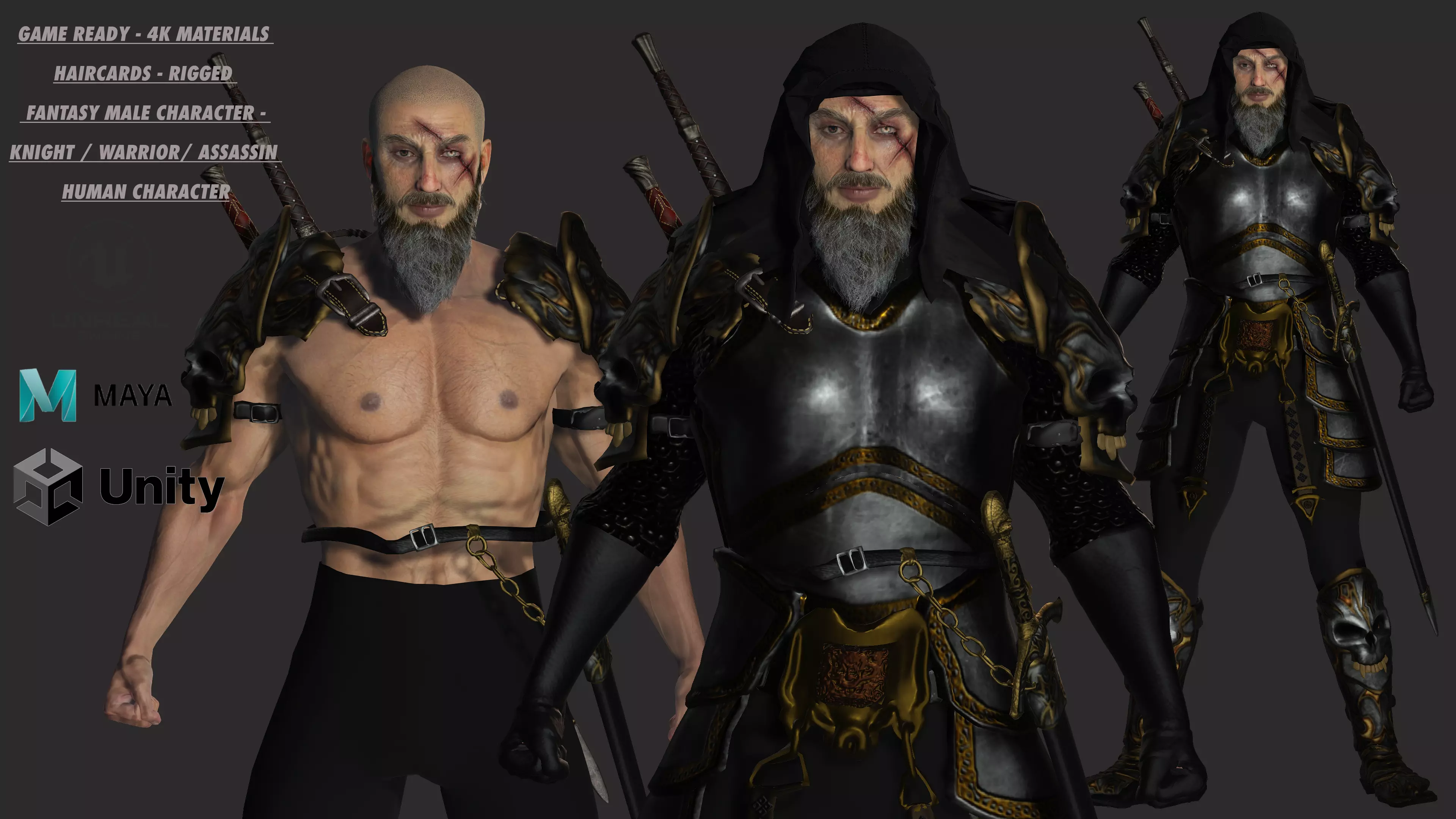 AAA 3D BEARDED MALE KNIGHT 2 -REALISTIC RIG GAME READY CHARACTER Low-poly 3D model_0