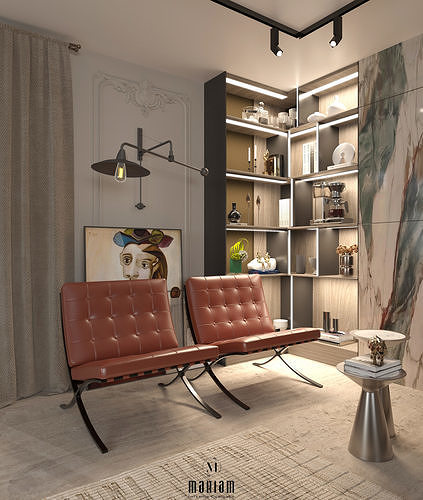 Contemporary Living Room Interior Scene and Dining Low-poly 3D model