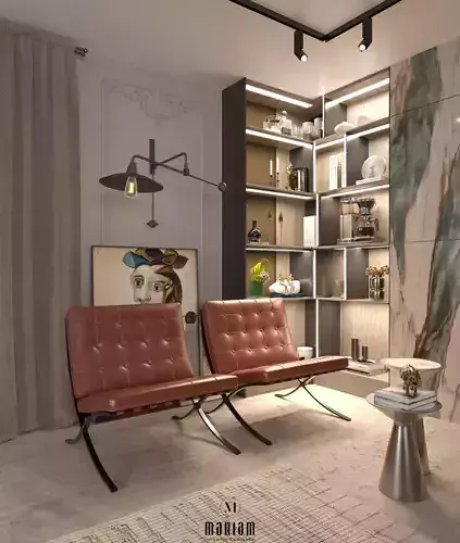 Contemporary Living Room Interior Scene and Dining Low-poly 3D model