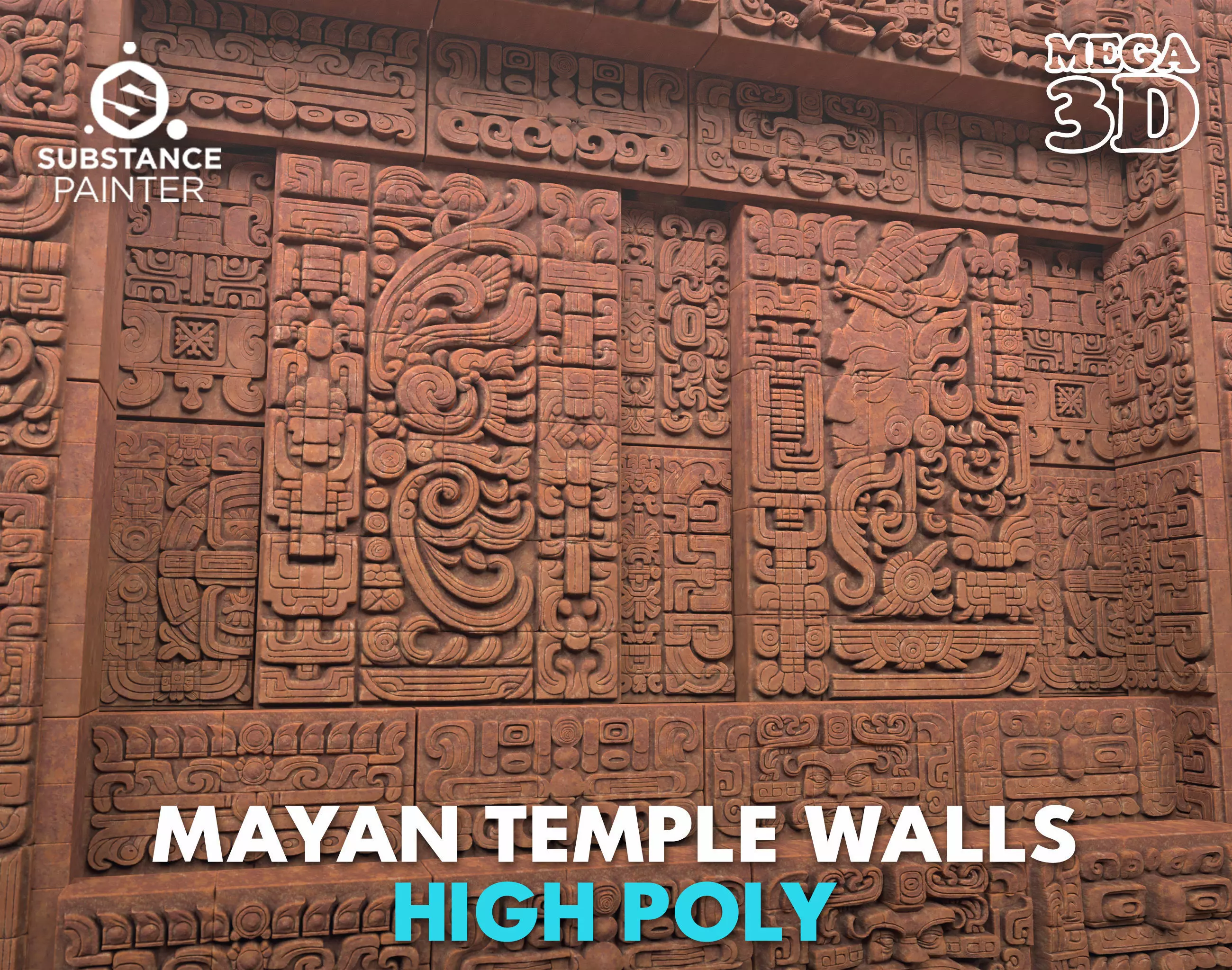 High poly Yellow Mayan Temple Wall 230731 3D model_0