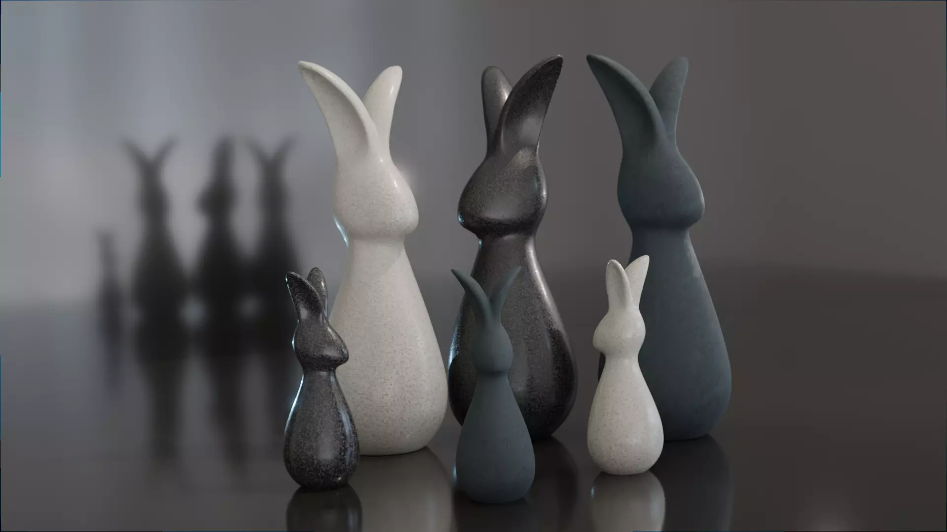 Three  pairs figurines of rabbits large and small for decoration 3D model_0