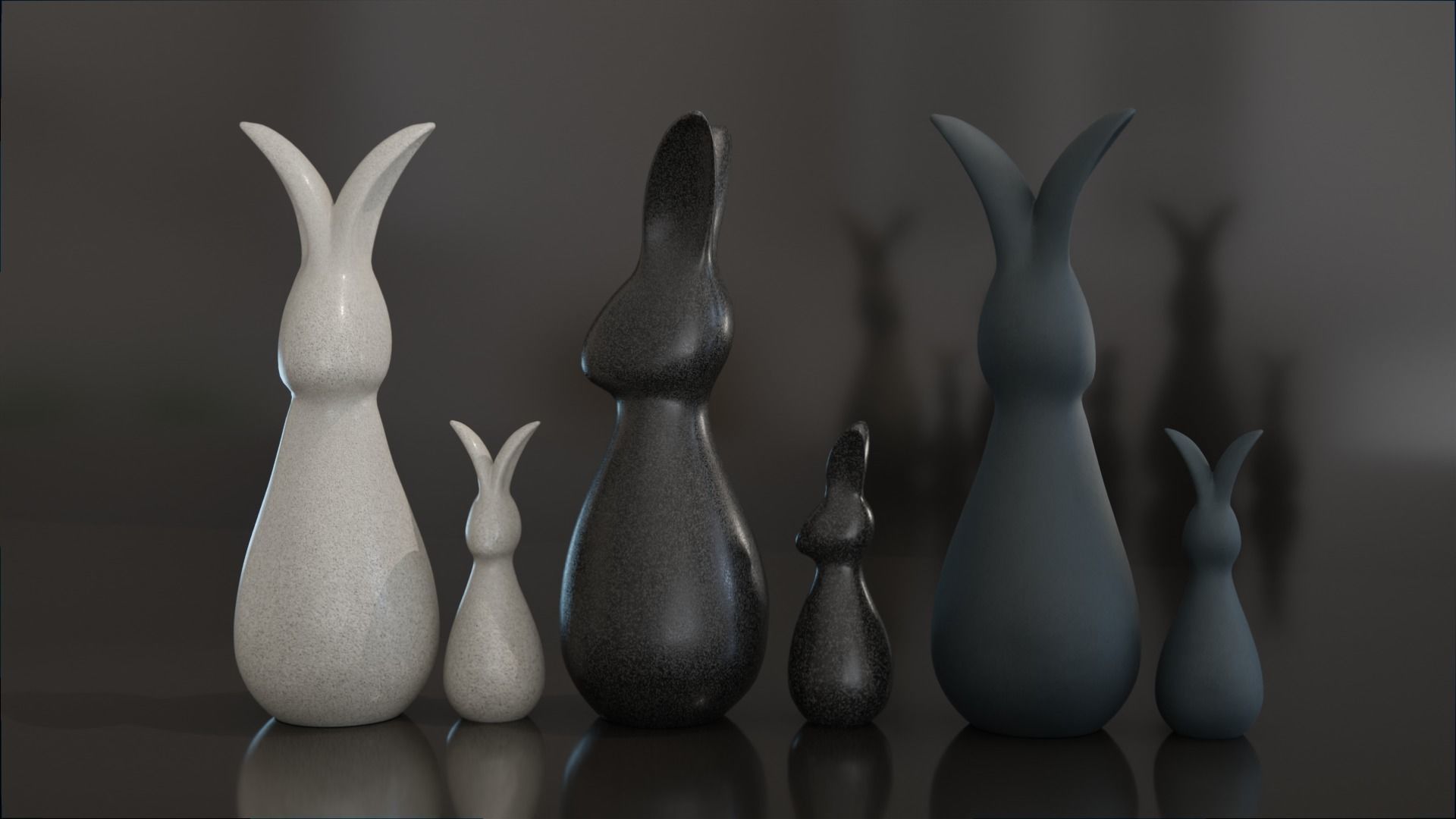 Three  pairs figurines of rabbits large and small for decoration 3D model_1