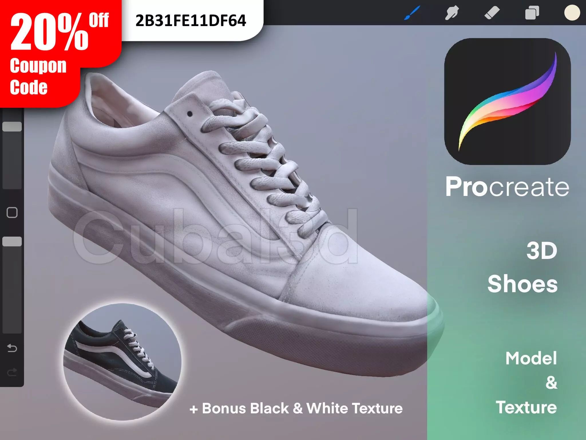 Vans Old Skool White 3D Procreate 3D model