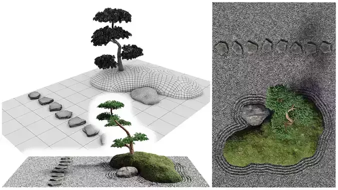 Japanese Rock -Zen- Garden 04 Low-poly 3D model