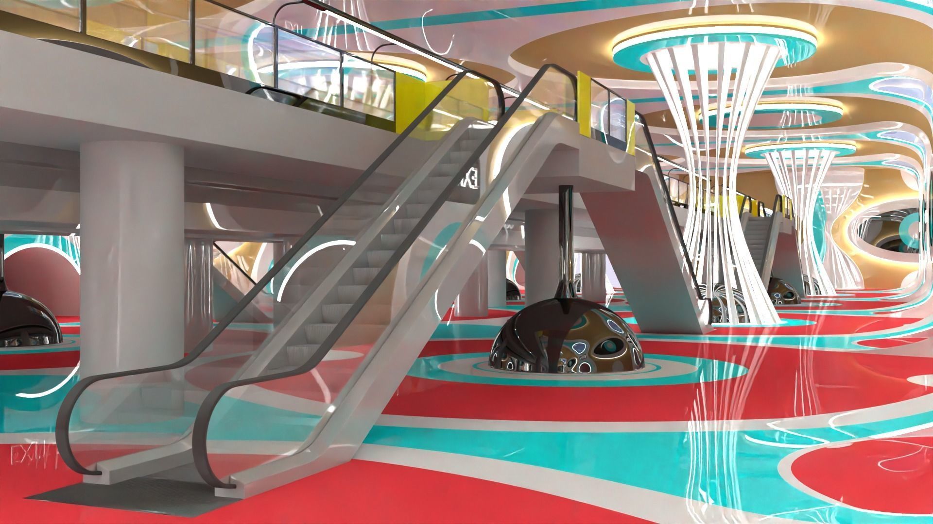 Sci-fi maglev station with train 3D model_2