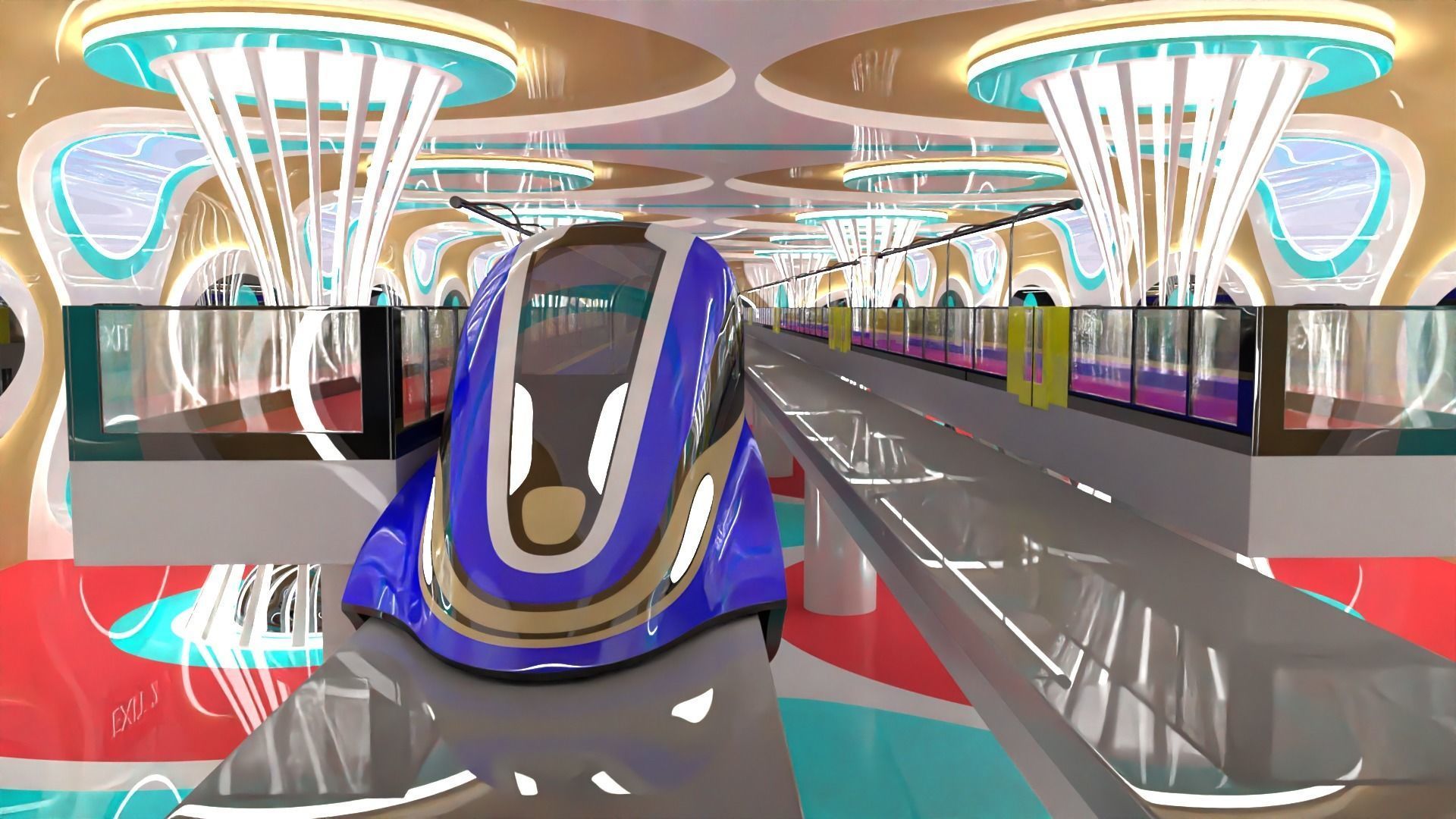 Sci-fi maglev station with train 3D model_4