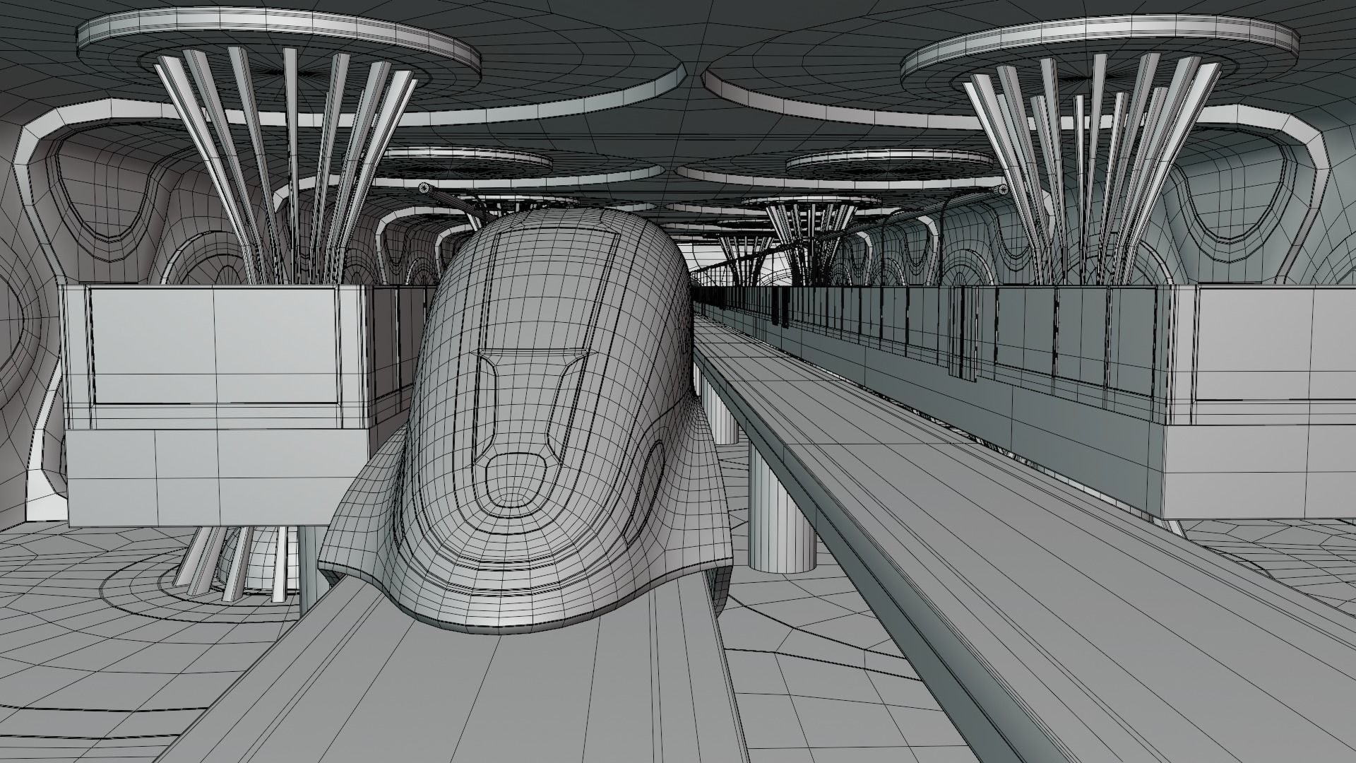 Sci-fi maglev station with train 3D model_5