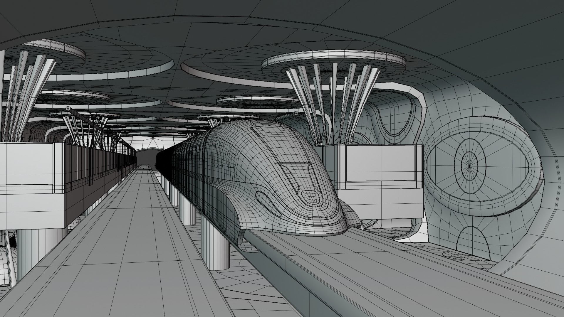 Sci-fi maglev station with train 3D model_1