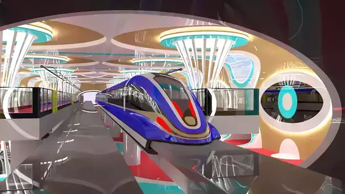 Sci-fi maglev station with train 3D model