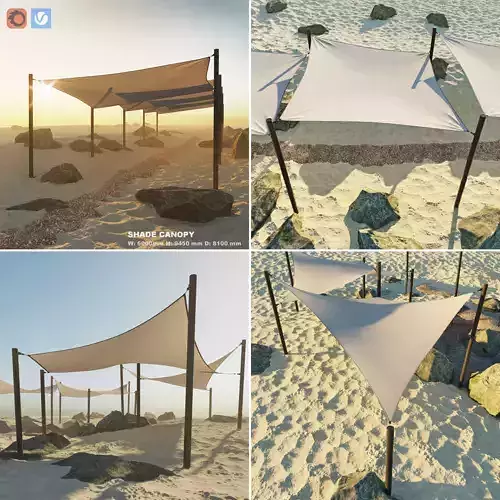 Shade Canopys N1 and N2 vs rocks and sand and rotang tables 3D Model Collection