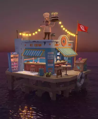  3D Beach coffee shop Low-poly 3D model